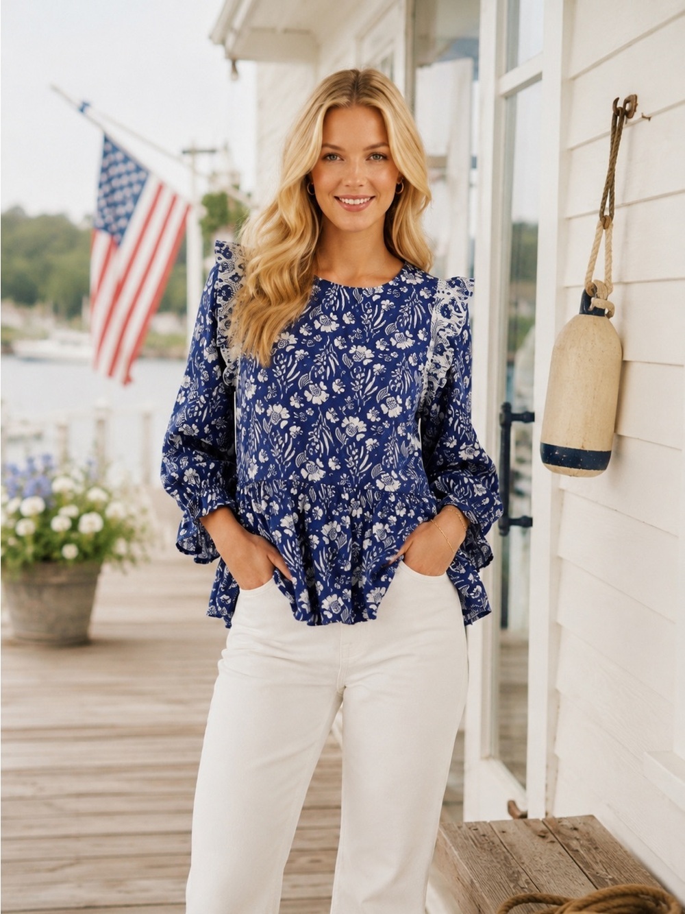 Blue White Floral Ruffle Blouse with White Ruffle XXL